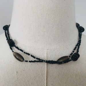 Black and Gray Barrel Glass Bead Necklace 36 Inches Long